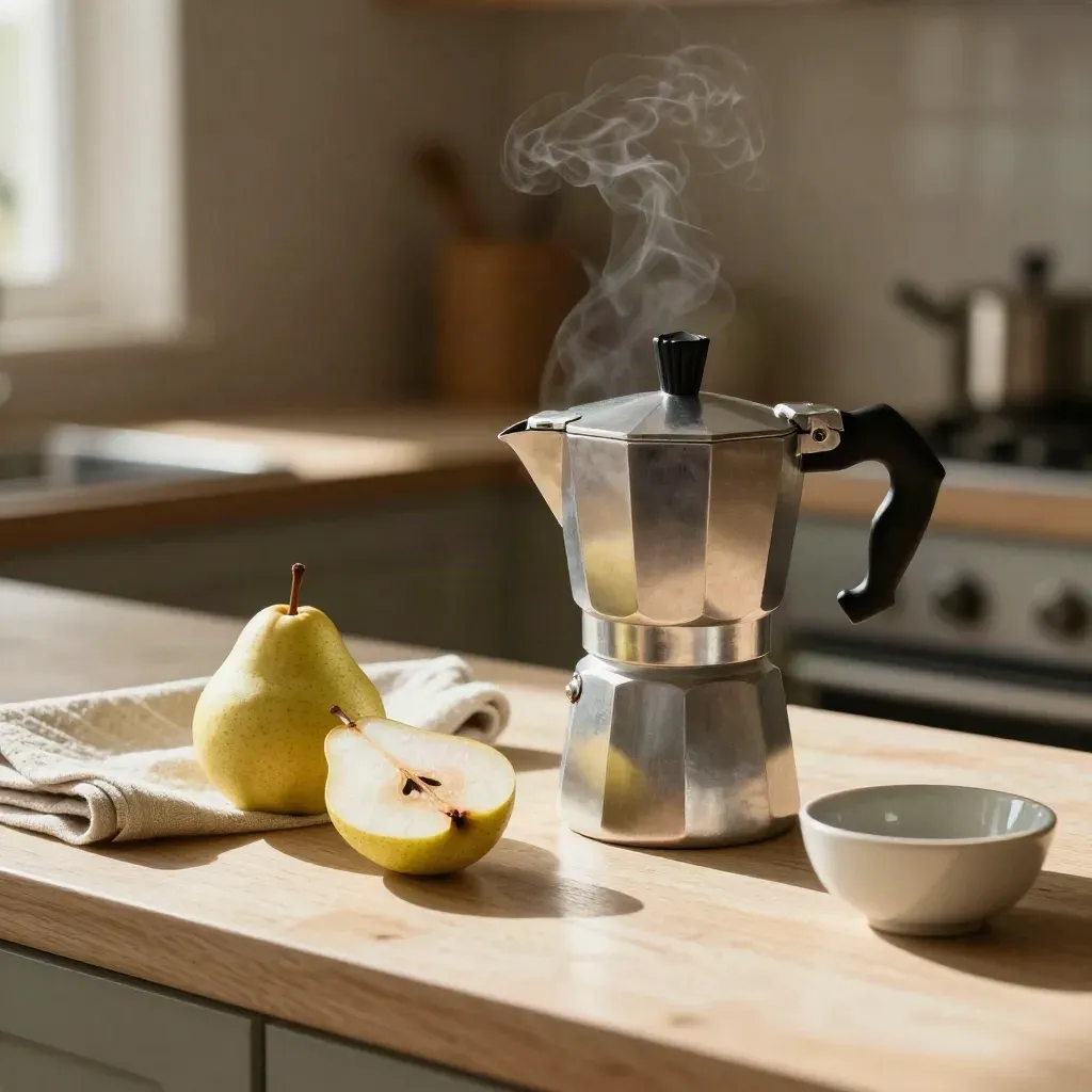 Colazione mattutina con moka, pera tagliata e lino su un piano di cucina luminoso.