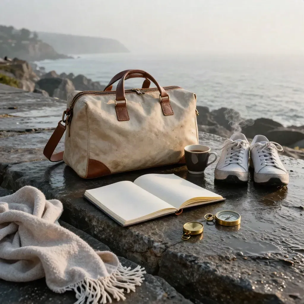 Terrazza all’alba con borsa da viaggio, taccuino aperto, bussola e sneaker bianche.