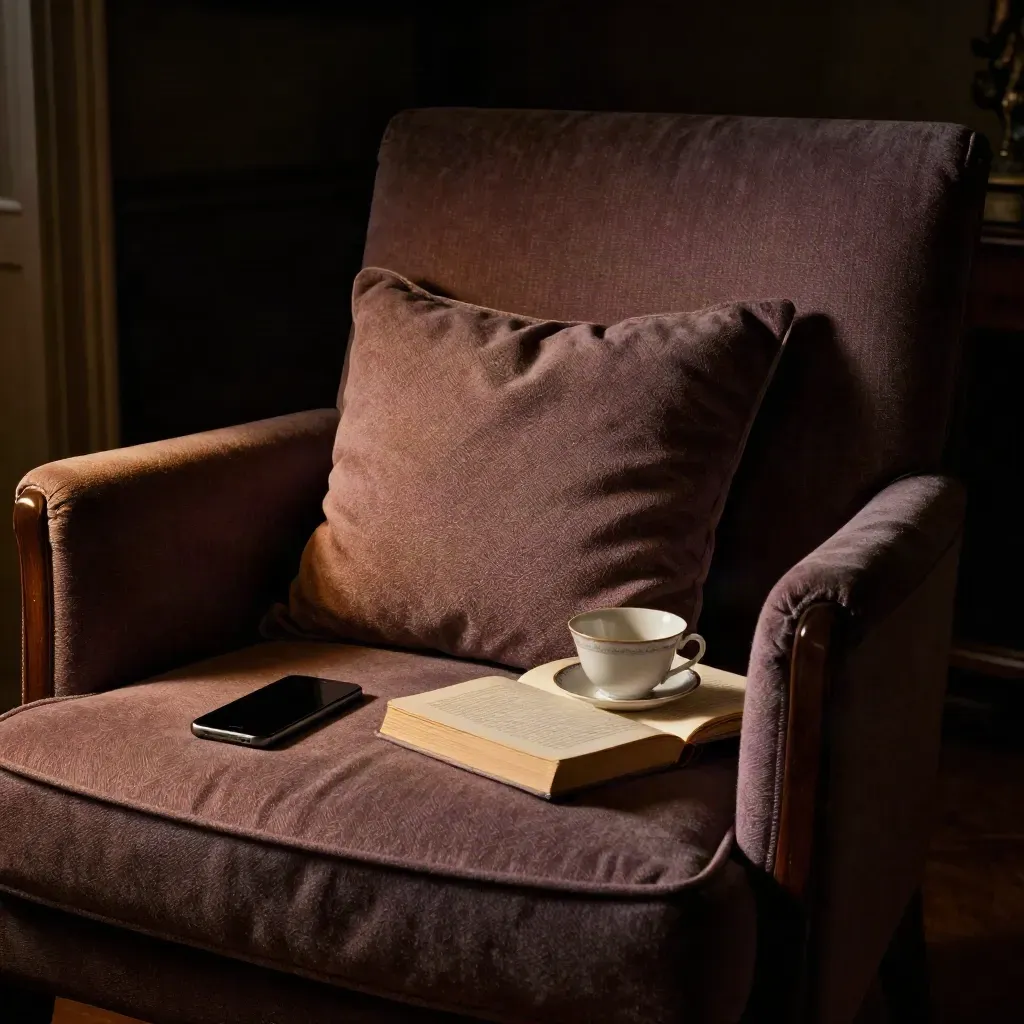Salotto serale con poltrona, telefono spento, libro, tazza e coperta di lana