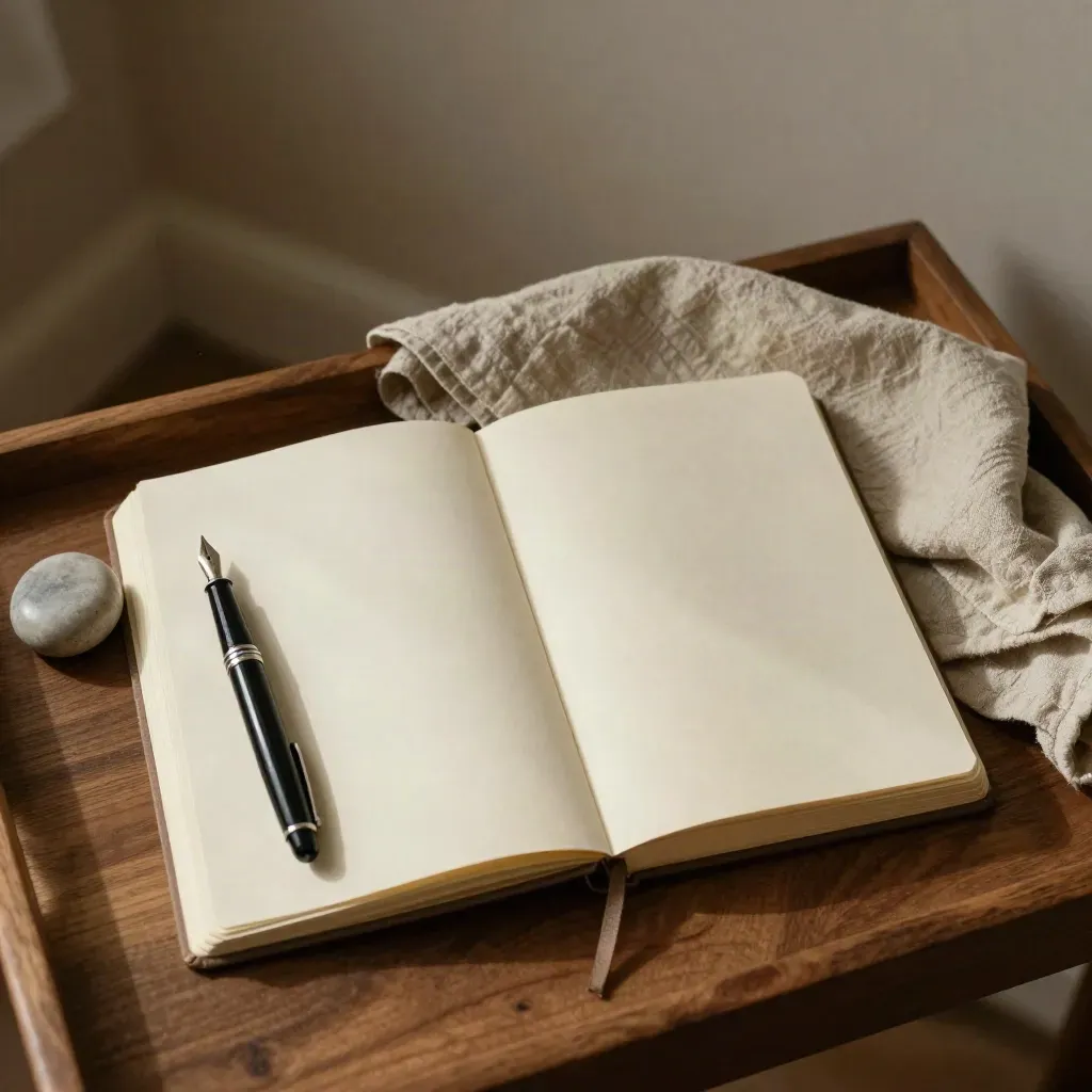Quaderno dei sogni aperto con penna, pietra e lino su un piano caldo.