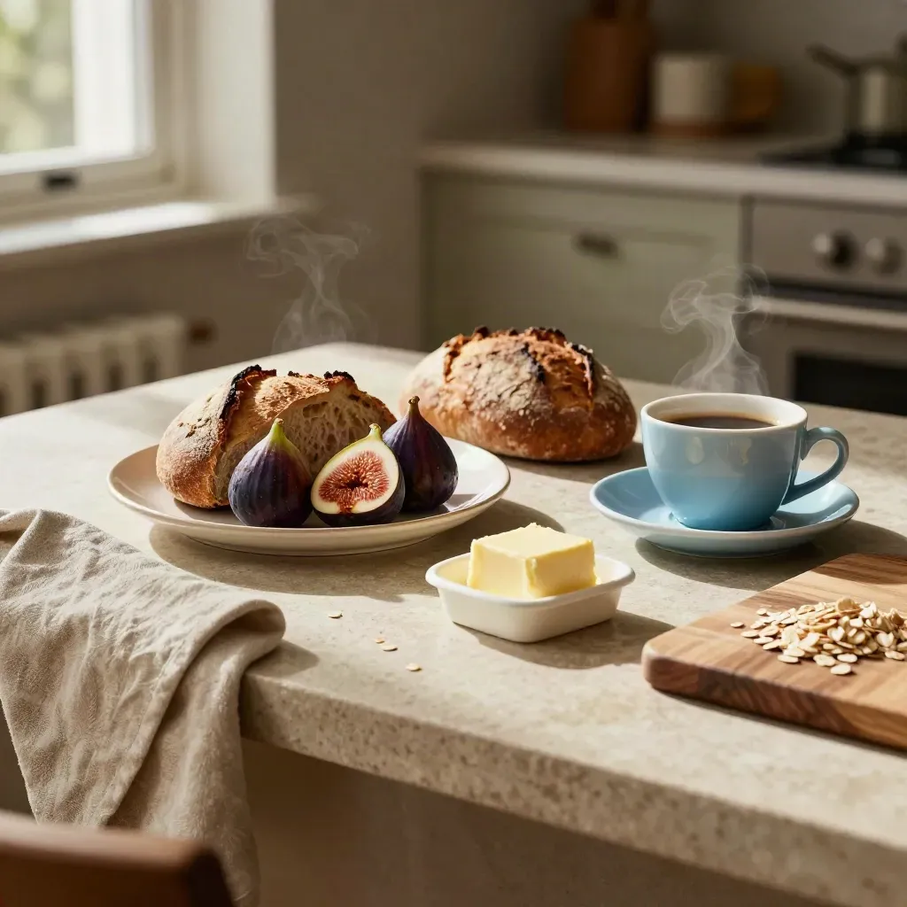 Colazione su tavolo di pietra con pane, fichi, burro e caffè azzurro al sole del mattino.