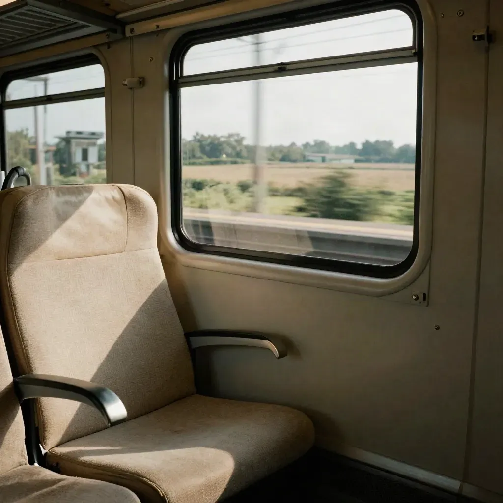 Sedile vuoto di un treno regionale con campi sfocati e luce pomeridiana.