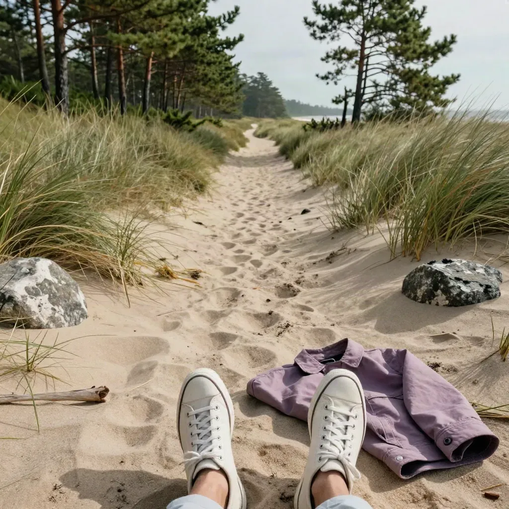 Scarpe di tela su sentiero costiero tra pini, con vento e giacca lilla polvere.
