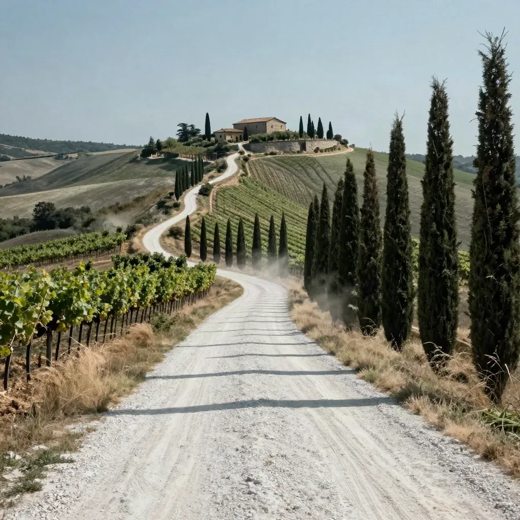 Strada bianca tra i cipressi del Chianti con vigne, casa colonica e polvere d'estate.