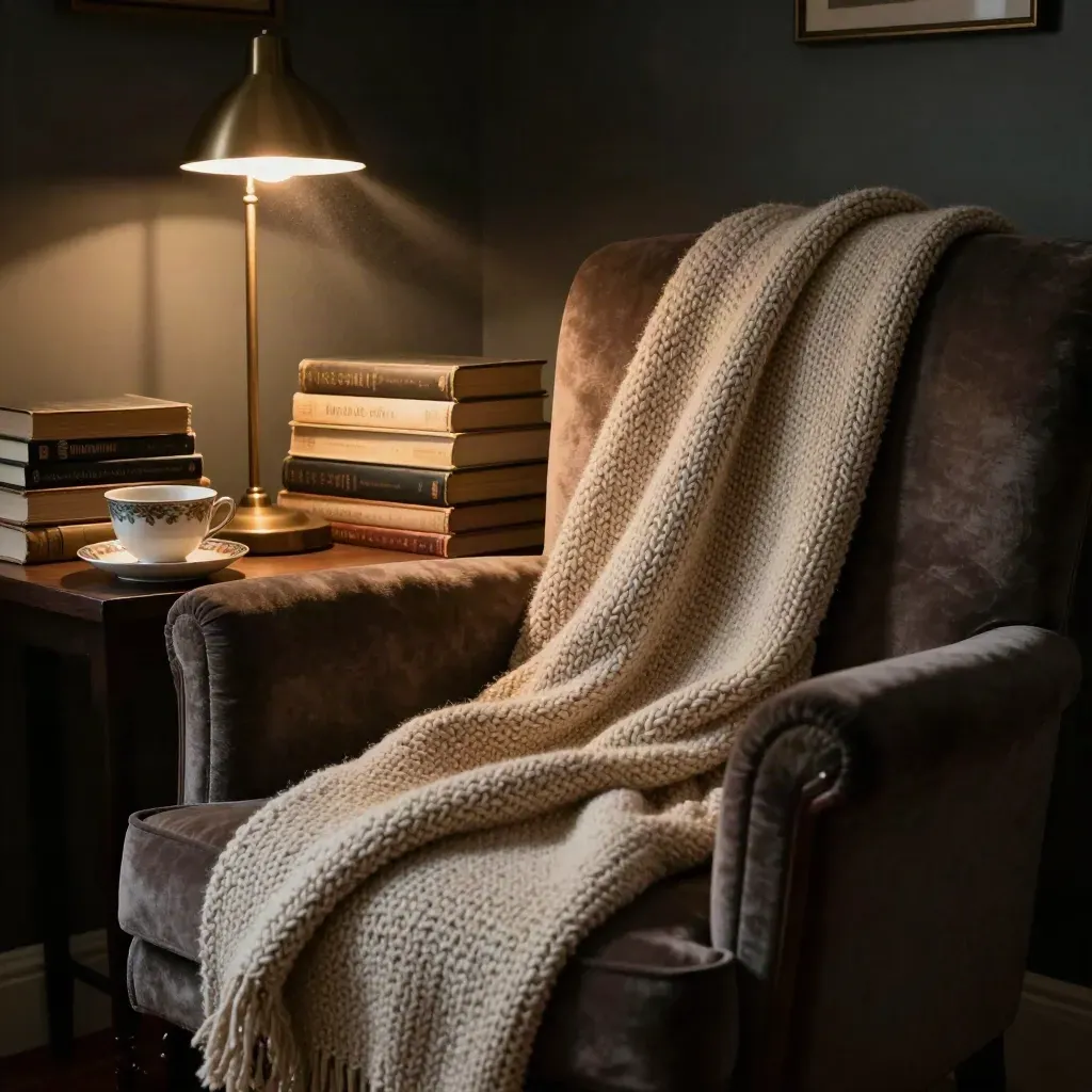 Poltrona da lettura con libri impilati, tazza di tè, coperta lavorata e lampada accesa in luce serale.