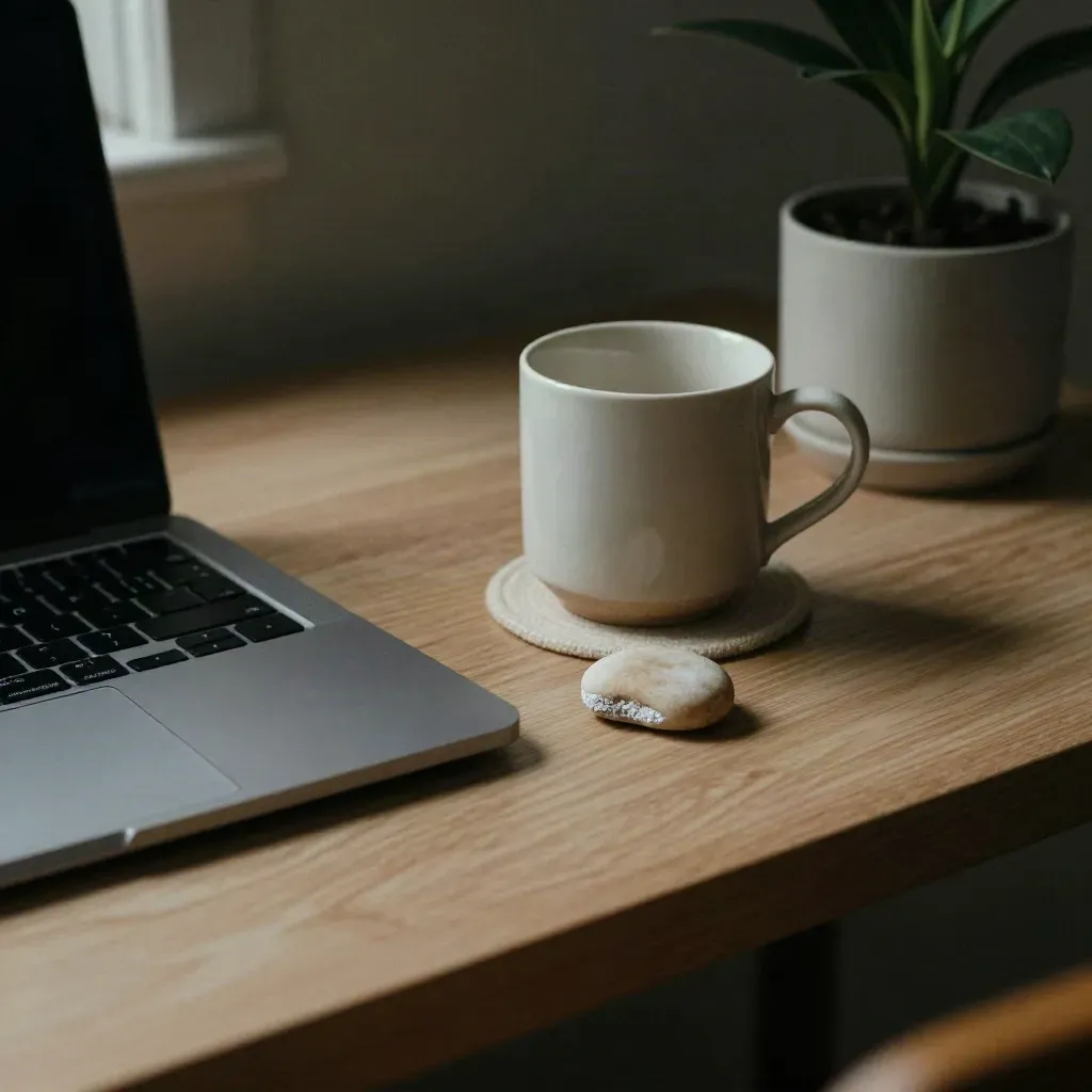 Scrivania con laptop chiuso, tazza in ceramica, pietra fermacarte e piantina.
