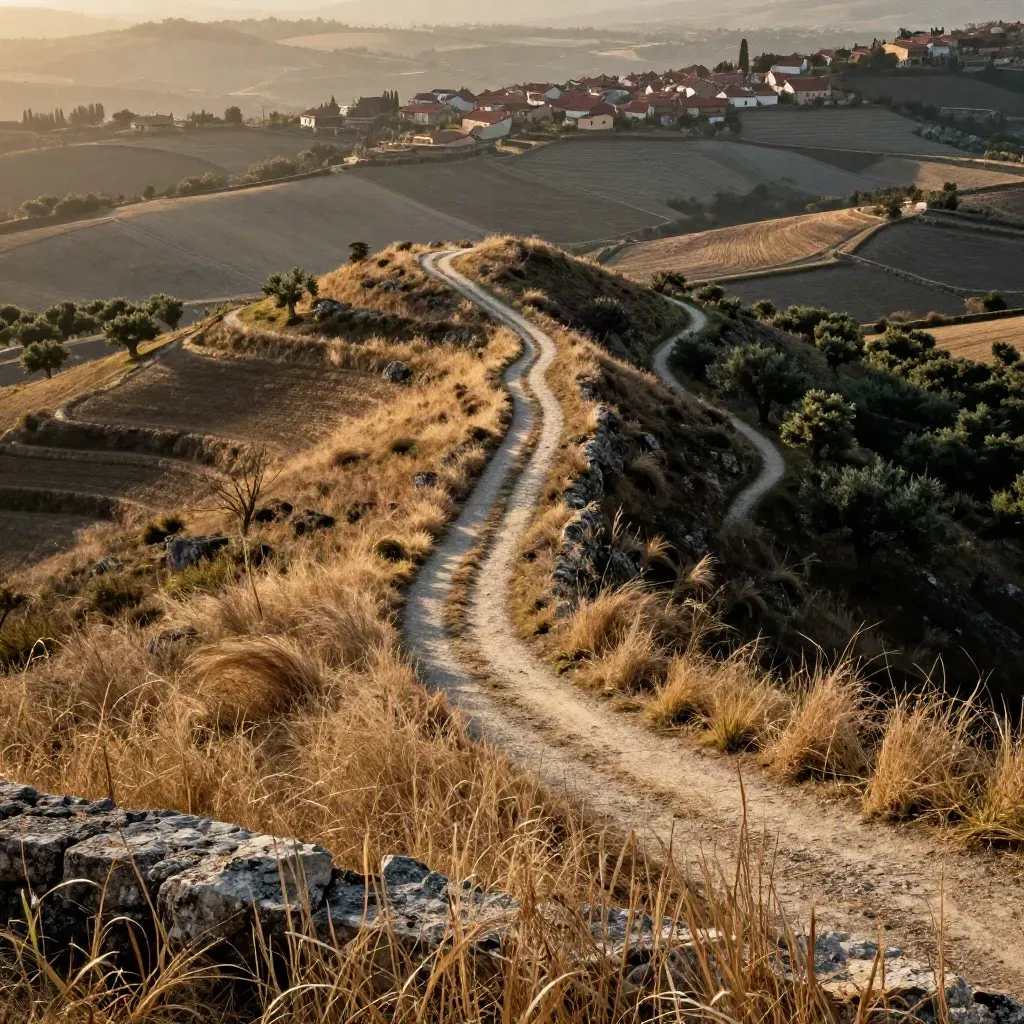 Panorama collinare al tramonto con sentieri e tetti lontani nella foschia