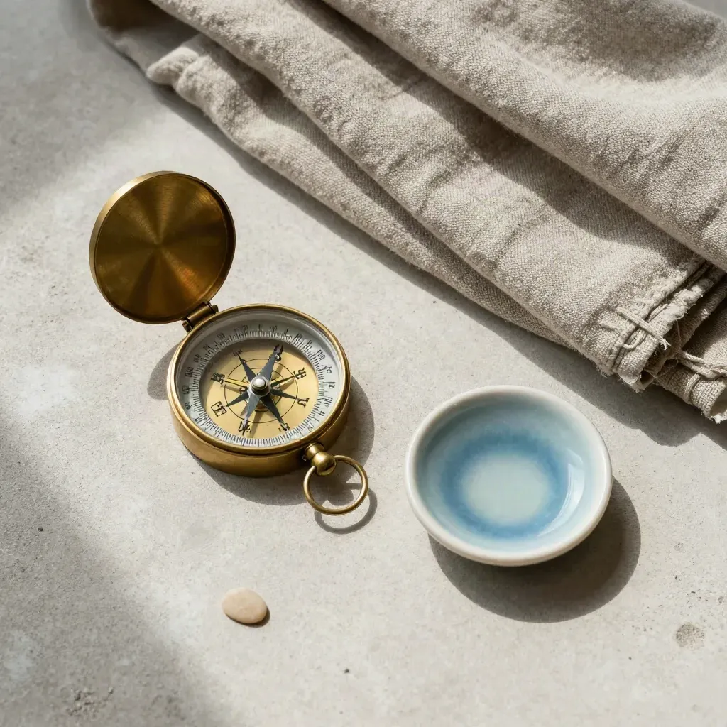 Bussola in ottone, sciarpa di lino, pietra di fiume e ciotola ceramica su cemento chiaro.