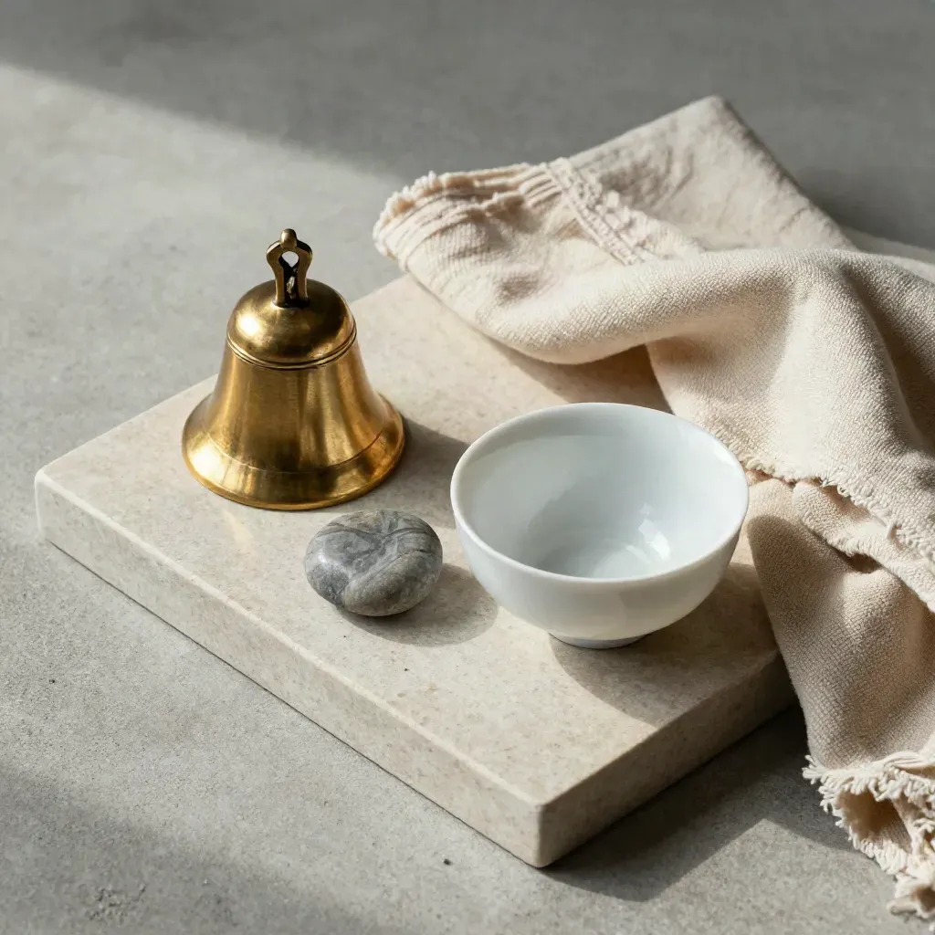 Bussola? no, un campanello in ottone con tazza da tè, ciottolo e panno piegato su vassoio di pietra.